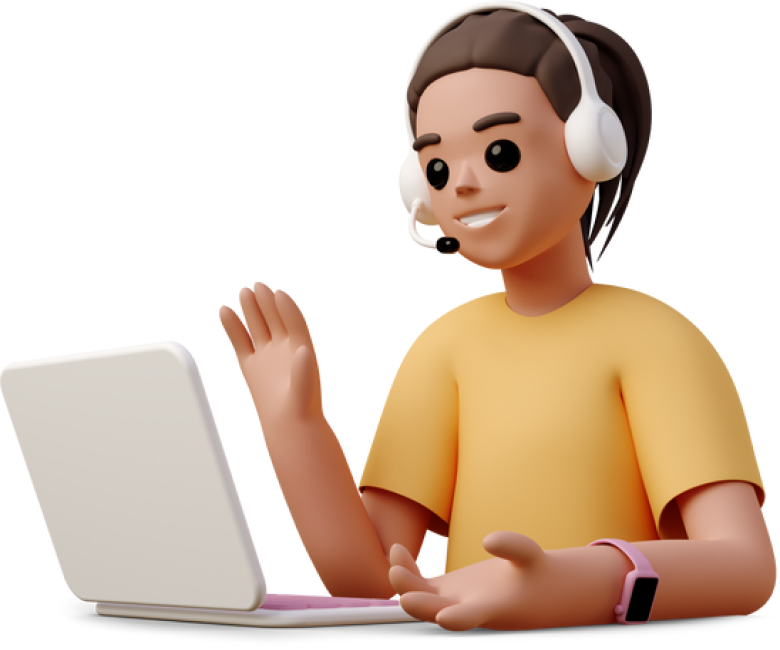 young woman in headphones sitting in front of laptop and waving
